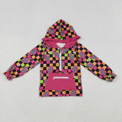 9.6 GT1117 Baby Girls Long Sleeves Lights Stars Plaid Pockets Zipper Hoodies Top