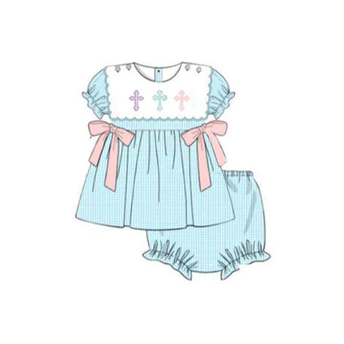 9.20 GBO0480 Baby Girls Cross Bows Short Ruffle Sleeve Tunic Bummies Easter Clothes Sets Preorder