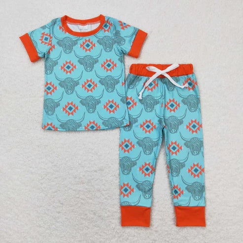 9.15 BSPO0328 Alpine bull head geometry blue-brown short-sleeved trousers pajamas set