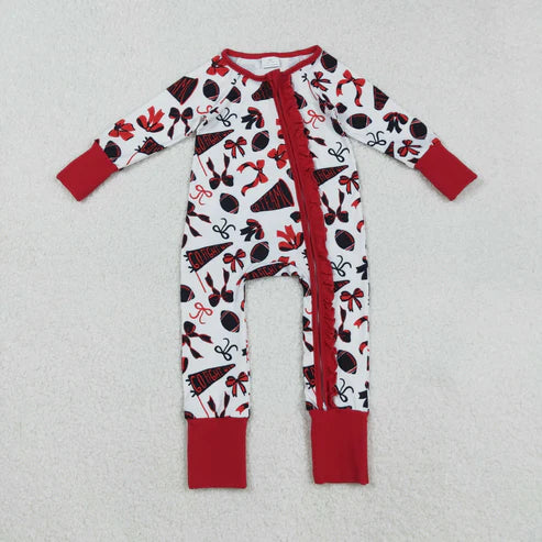 9.17 LR2512 Baby Girls Red Bows Footballs Plaid Ruffle Zipper Team Romper