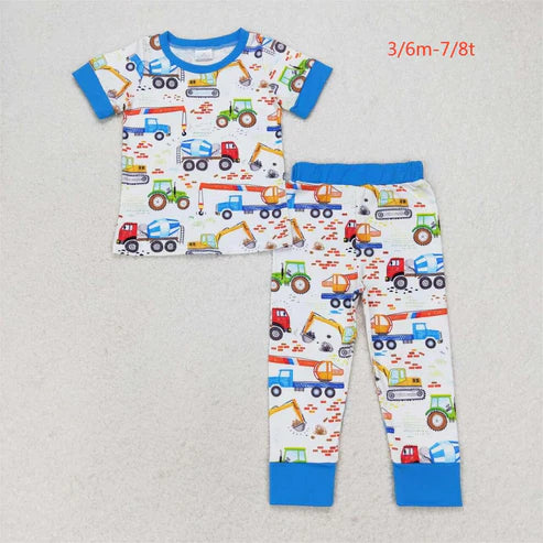 9.15 BSPO0385 Engineering car blue and white short-sleeved trousers pajamas set