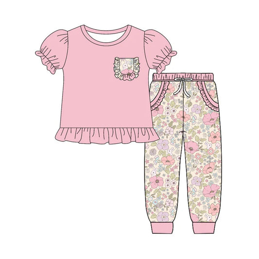 9.25 GSPO2077 Baby Girls Flowers Rabbits Pocket Top Jogger Pant Easter Clothes Sets Preorder