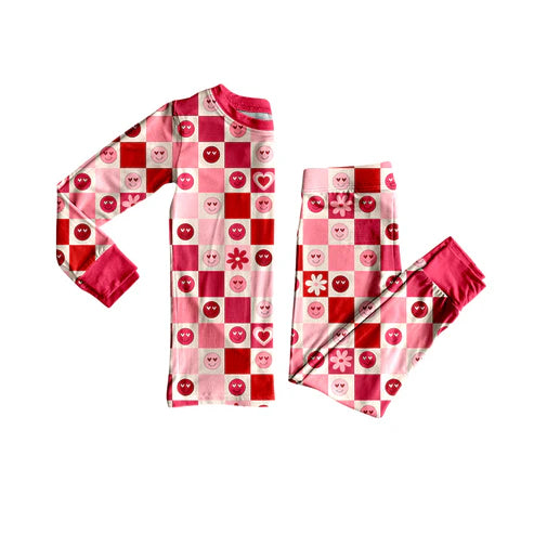 9.18 GLP2842 Baby Girls Red Hearts Smiles Checked Top Pants Valentine Pajamas Sets Preorder