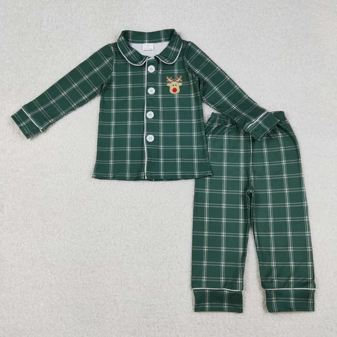 9.24 BLP0545 Embroidery Baby Girls Christmas Checkered Deer Buttons Top Pants Pajamas Clothes Set