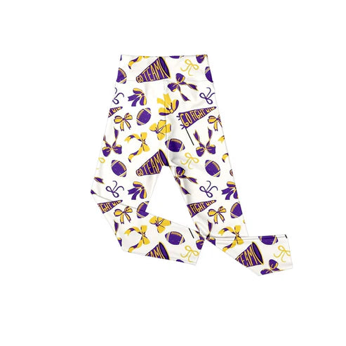 9.20 P0848 Baby Girls Purple Yellow Go Team Footballs Bows Yoga Legging Pants Preorder