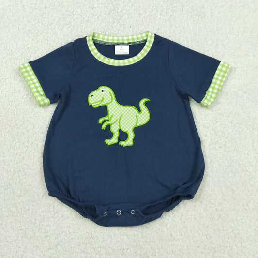 SR4113 Newborn Embroidery Dinosaurs Baby Boys Navy Short Sleeve Rompers