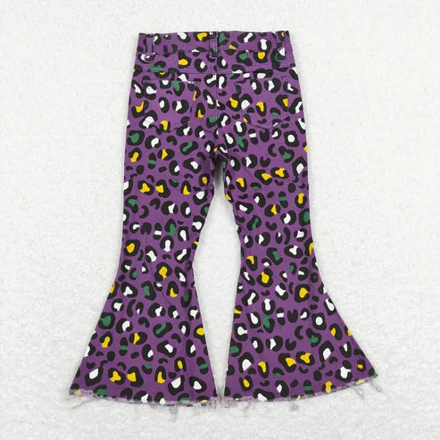 L-3.7 P0313 yellow-green leopard print purple denim trousers