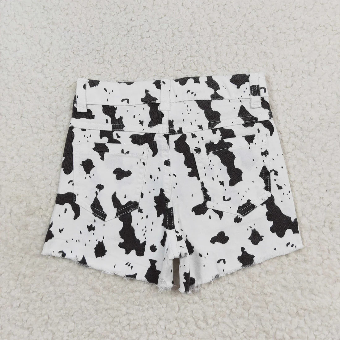 L-3.7  SS0332 White cow-print ripped denim shorts