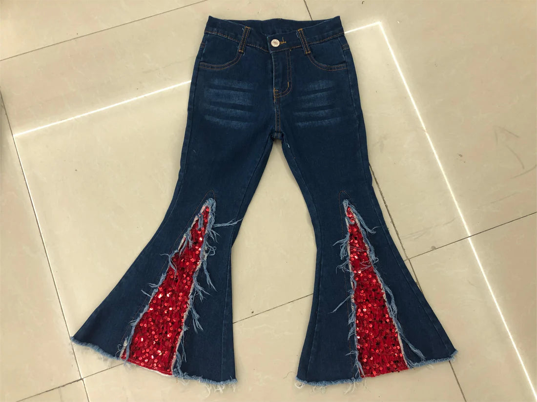 L-3.7  P0532 Dark denim pants with red sequins