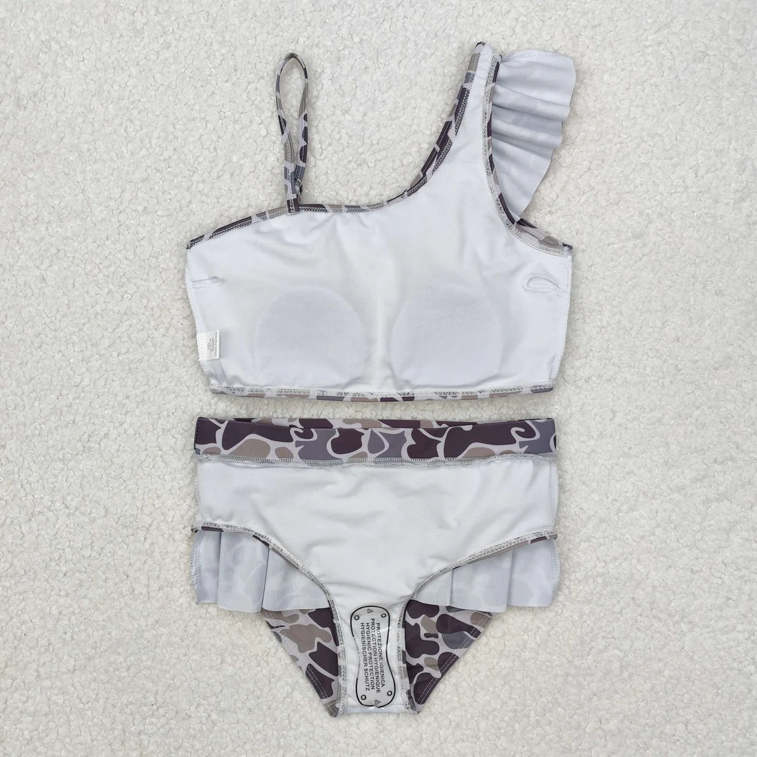 S0457 Baby Girls Grey Camo Ruffle Top Bummie 2pcs Swimsuit