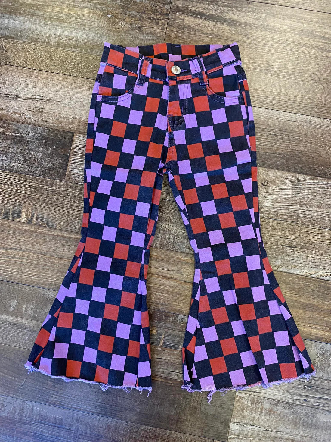 L-3.7 P0471 Baby Girls Halloween Checkered Bell Flare Denim Pants