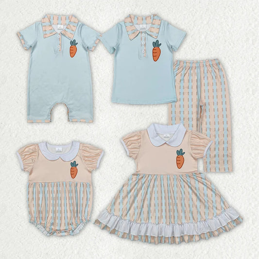 L-3.8 Sibling Girls Baby Boys Easter Carrot Corral Rompers Sets