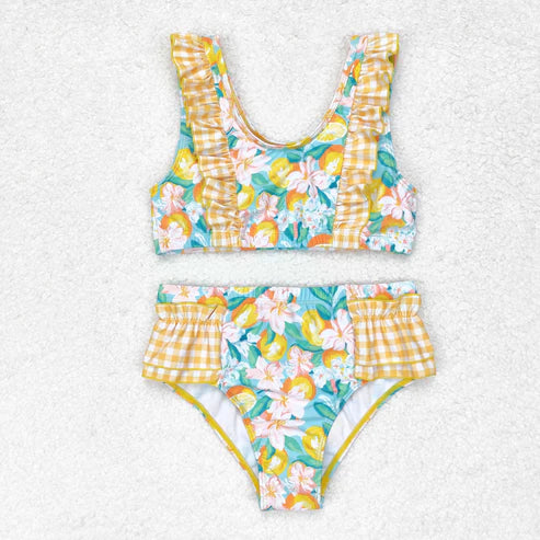 S0343 Floral orange yellow plaid lace blue bathing suit