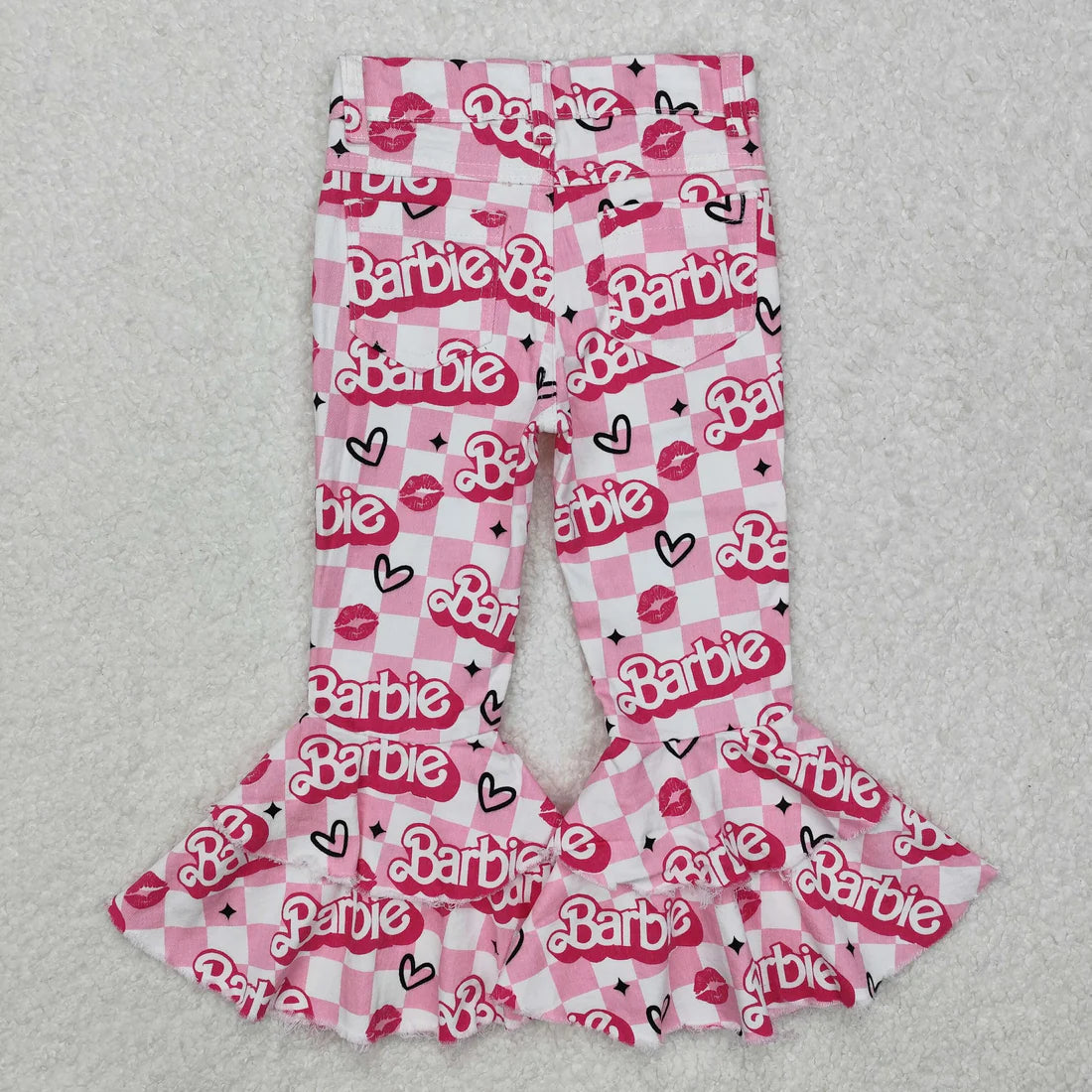 L-3.7 P0294 Baby Girls Pink Doll Valentines Checkered Hearts Denim Bell Flare Pants