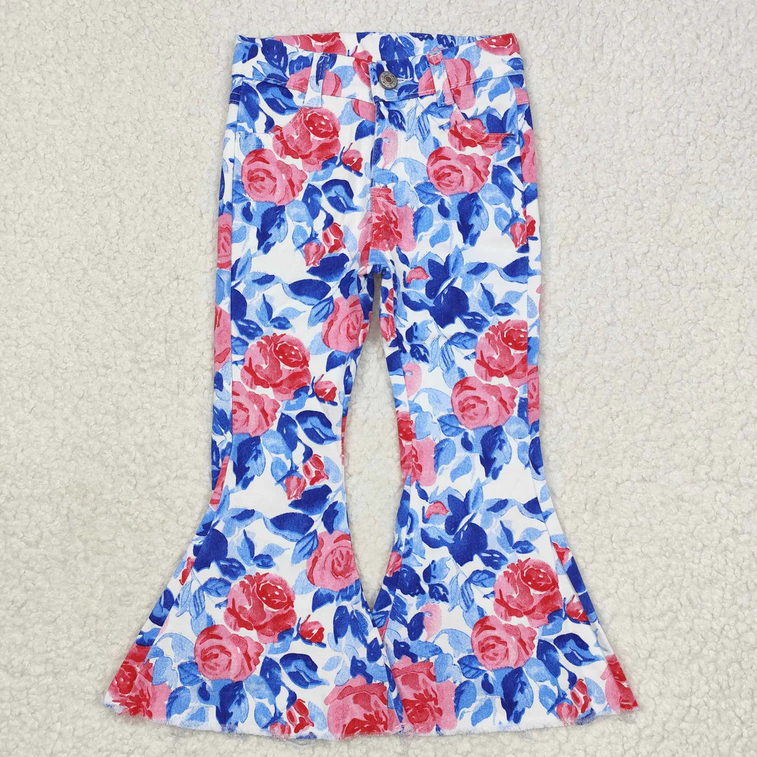 L-3.7  P0466 Pink flowers blue leaves White denim pants