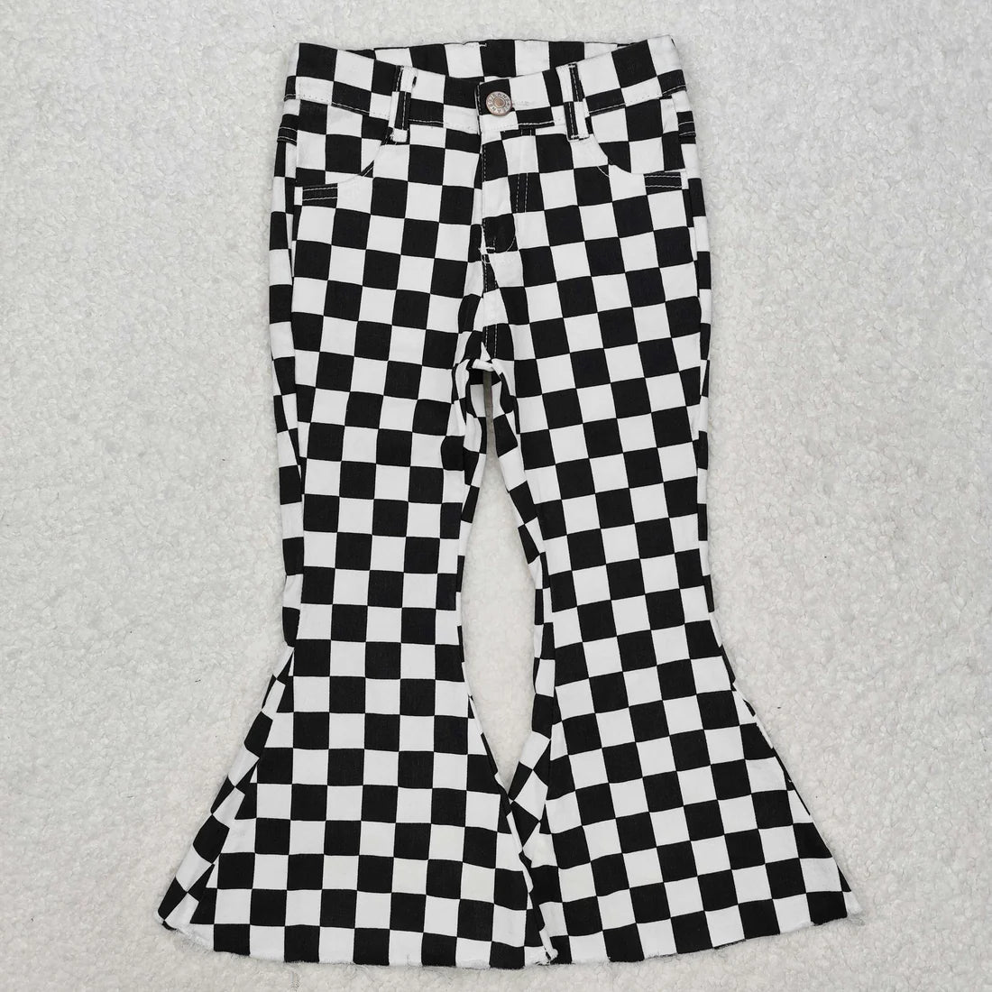 L-3.7  P0349 Baby Girls Black Checkered Bell Flare Denim Pants Jeans