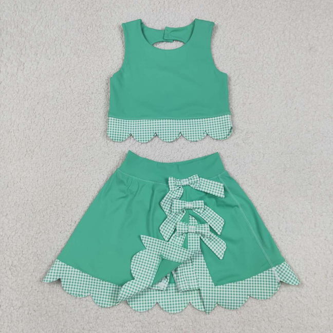 GSD3320 Kids Baby Girls Green Vest Top Bows Skirt Shorts Yoga Active Scallop Clothes Sets