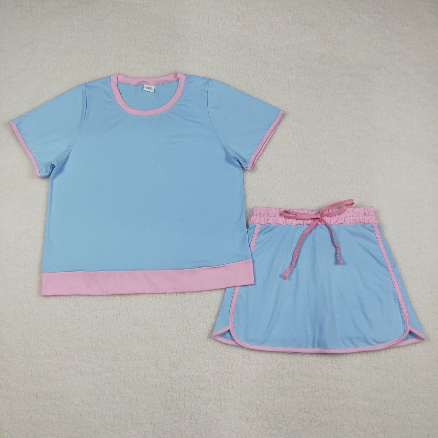 GSD3674 Adult Women Blue Short Sleeve Top Skirt Shorts Cotton Clothes Set