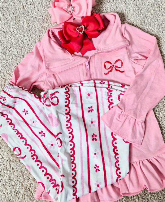 RTS NO MOQ（In Stock ) GT1270+P0894 Embroidery Bow Baby Girls Pink Zipper Pullovers Stripe Bell Bottom Pants Valentines Clothes Set-GLP2934