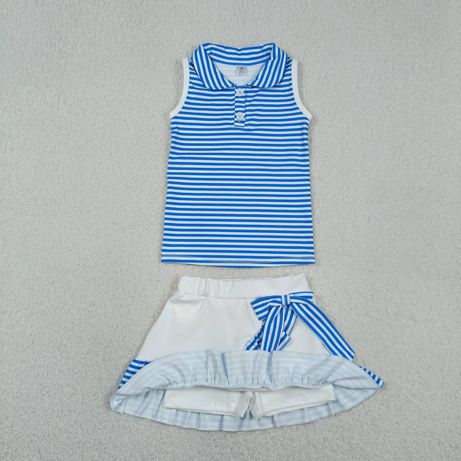 GSD3661 Kids Baby Girls Blue Stripe Button Top Ruffle Skirt Shorts Yoga Active Clothes Sets