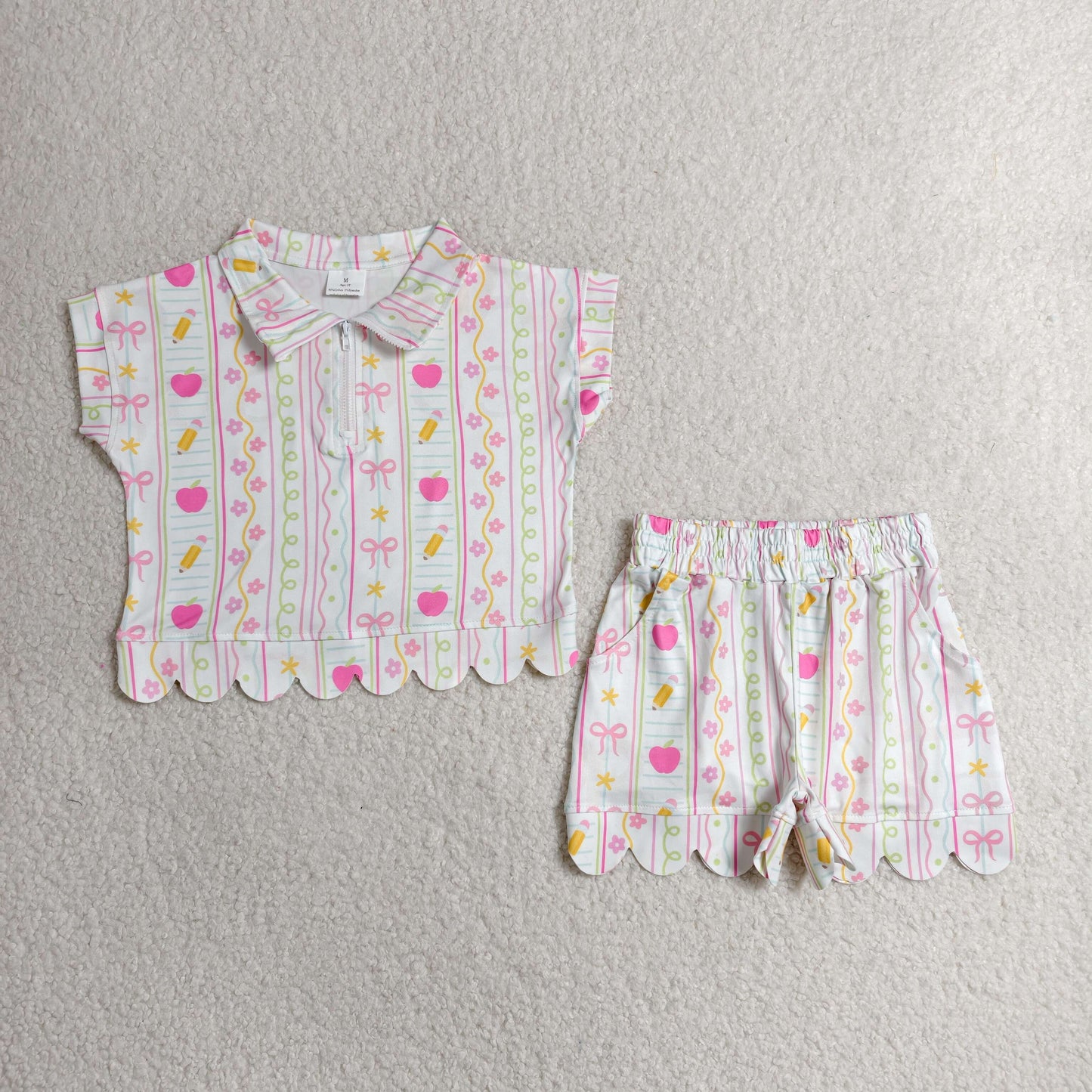 GSSO3582 Kids Baby Girls Pencils Flowers Zipper Pullovers Top Short Back to School Scallop Clothes Sets
