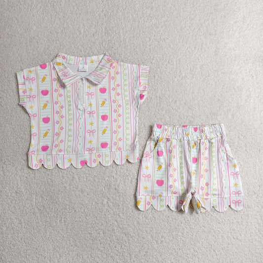 GSSO3582 Kids Baby Girls Pencils Flowers Zipper Pullovers Top Short Back to School Scallop Clothes Sets