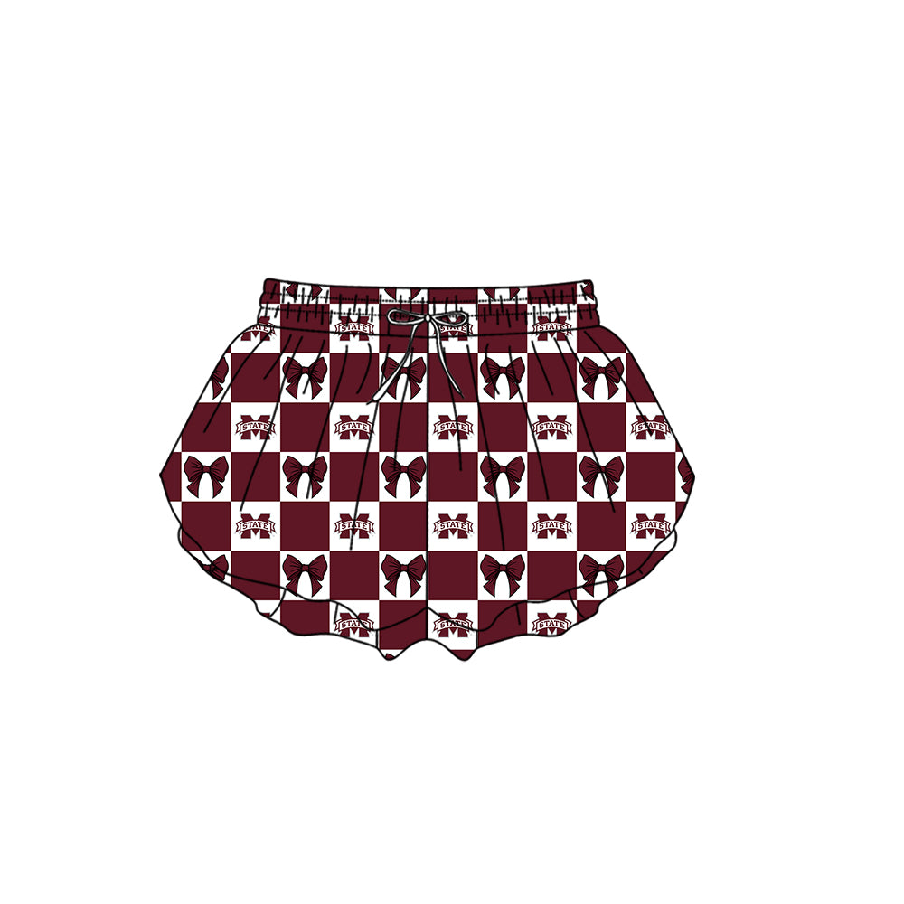 Custom Milk Silk Order MOQ:3 or 5 pcs Each Design Team State Girl Summer Bow Dark Red Shorts-26.1.19