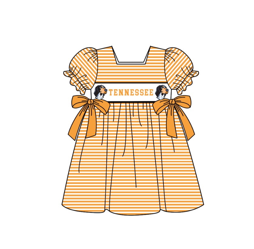 1.31 Custom Order Moq 3 Baby Girl Tennessee Orange Team Bows Stripe Ruffle Knee Length Dresses