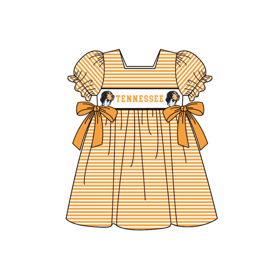 1.31 Custom Order Moq 3 Baby Girl Tennessee Orange Team Bows Stripe Ruffle Knee Length Dresses