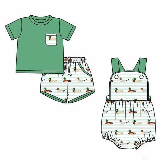 26.1.2 Custom MOQ:3 or 5 pcs each design milk silk Sibling baby boy clothes duck short sleeve shorts sets and romper