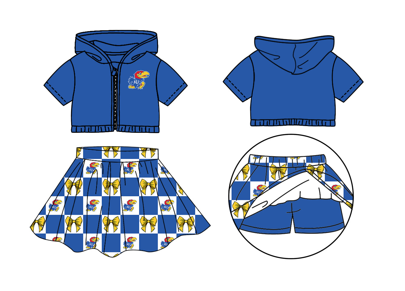 Custom Moq 3 or 5 Team Design Baby Girl Blue KU Bows Zipper Hoodie Jackets Skirt Short Team Clothes Sets