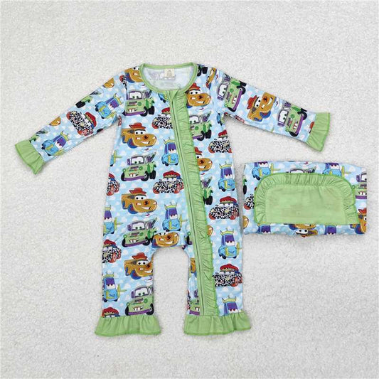 LR1623 Baby Infant Girls Green Car Ruffle Bamboo Zip Romper