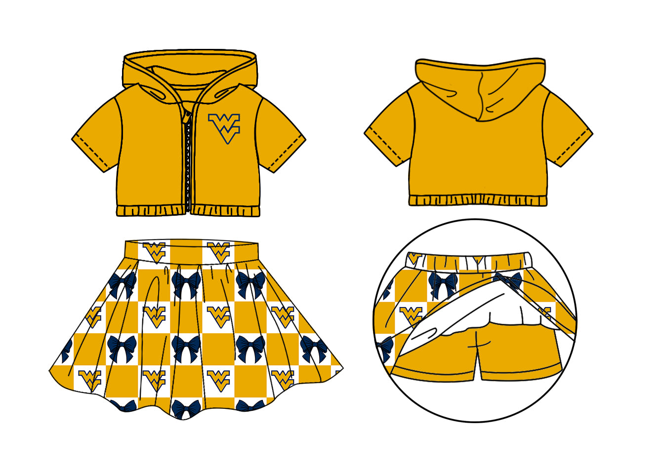 Custom Moq 3 or 5 Team Design Baby Girl Yellow WV Bows Zipper Hoodie Jackets Skirt Short Team Clothes Sets