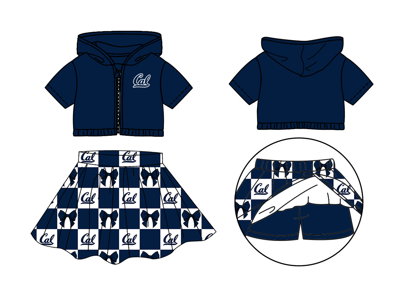 Custom Moq 3 or 5 Team Design Baby Girl Cal Bows Zipper Hoodie Jackets Skirt Short Team Clothes Sets