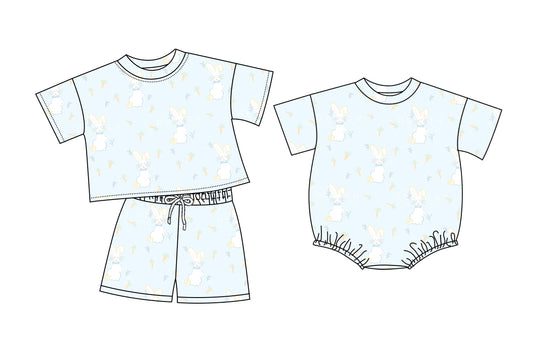 26.1.12 Custom MOQ:3 or 5 pcs each design milk silk Sibling baby girl clothes bunny short sleeve shorts sets and romper