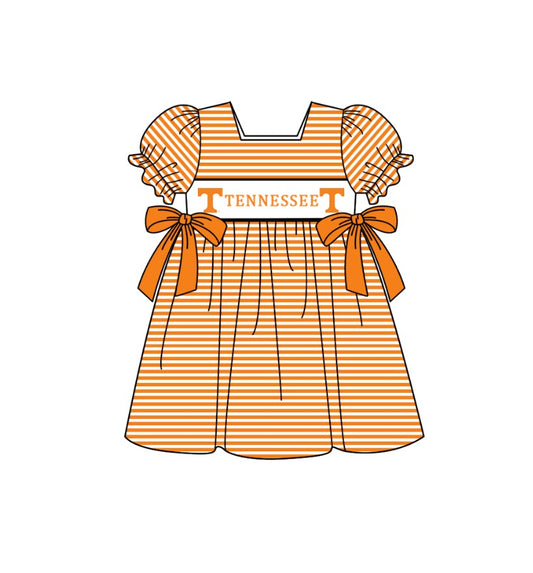 1.29 Custom Order Moq 3 Baby Girl Orange T Team Bows Stripe Ruffle Knee Length Dresses