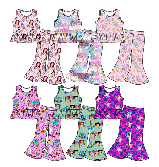 26.1.10 Custom MOQ:3 or 5 pcs each design milk silk Sibling baby girl clothes cartoon short sleeve pant sets 6