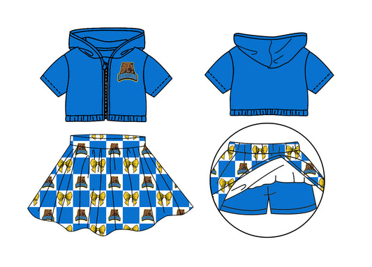 1.28 Custom Moq 3 Baby Girl Summer UCLA Bows Zipper Hoodie Jackets Skirt Short Team Clothes Sets