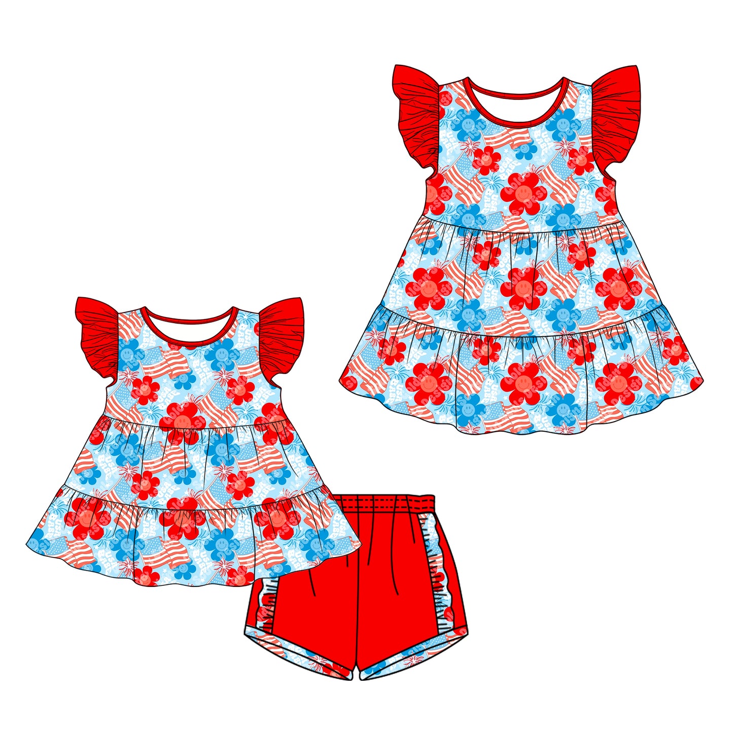 26.1.9 Custom MOQ:3 or 5 pcs each design milk silk Sibling baby girl clothes floral short sleeve shorts sets and dress