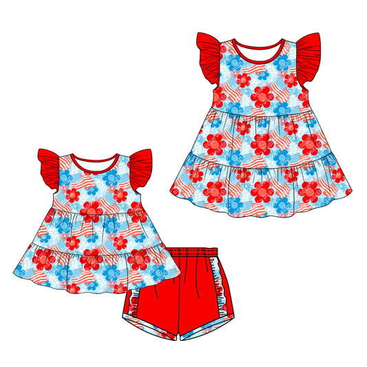 26.1.9 Custom MOQ:3 or 5 pcs each design milk silk Sibling baby girl clothes floral short sleeve shorts sets and dress