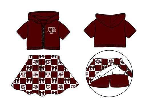 Custom Milk Silk Order MOQ:3 or 5 pcs Each Design Team State Girl Summer Bow Dark red Zipper Hooded Short Sleeve Short Skirts Sets-26.1.20