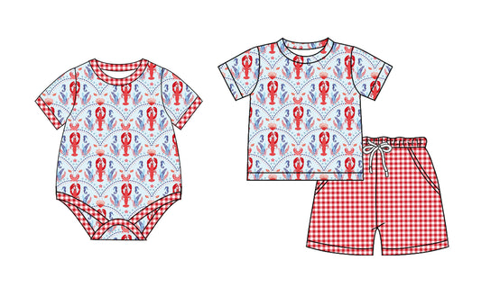 26.1.15 Custom MOQ:3 or 5 pcs each design milk silk Sibling baby boy clothes lobster short sleeve shorts sets and romper