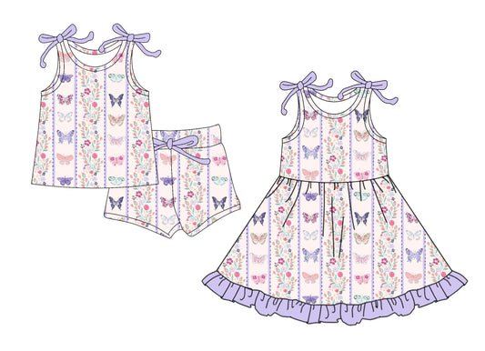 26.1.14 Custom MOQ:3 or 5 pcs each design milk silk Sibling baby girl clothes butterfly floral short sleeve shorts sets and dress