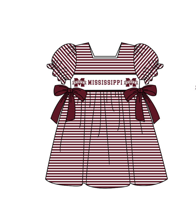 1.30 Custom Order Moq 3 Baby Girl Mississippi Team Bows Stripe Ruffle Knee Length Dresses