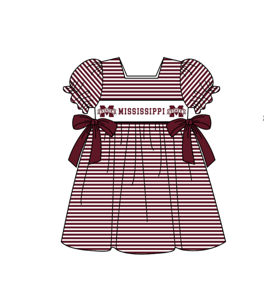 1.30 Custom Order Moq 3 Baby Girl Mississippi Team Bows Stripe Ruffle Knee Length Dresses