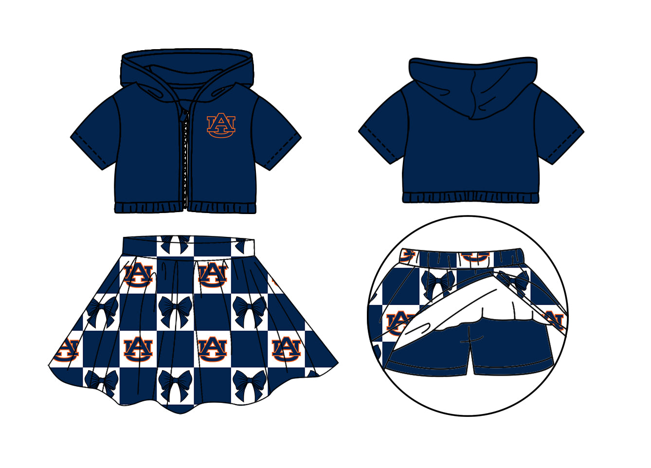 Custom Milk Silk Order MOQ:3 or 5 pcs Each Design Team State Girl Summer Bow Dark Blue Zipper Hooded Short Sleeve Short Skirts Sets-26.1.17