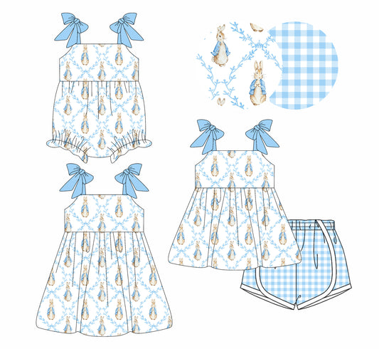 26.1.8 Custom MOQ:3 or 5 pcs each design milk silk Sibling baby girl clothes bunny bow short sleeve shorts sets and dress and romper