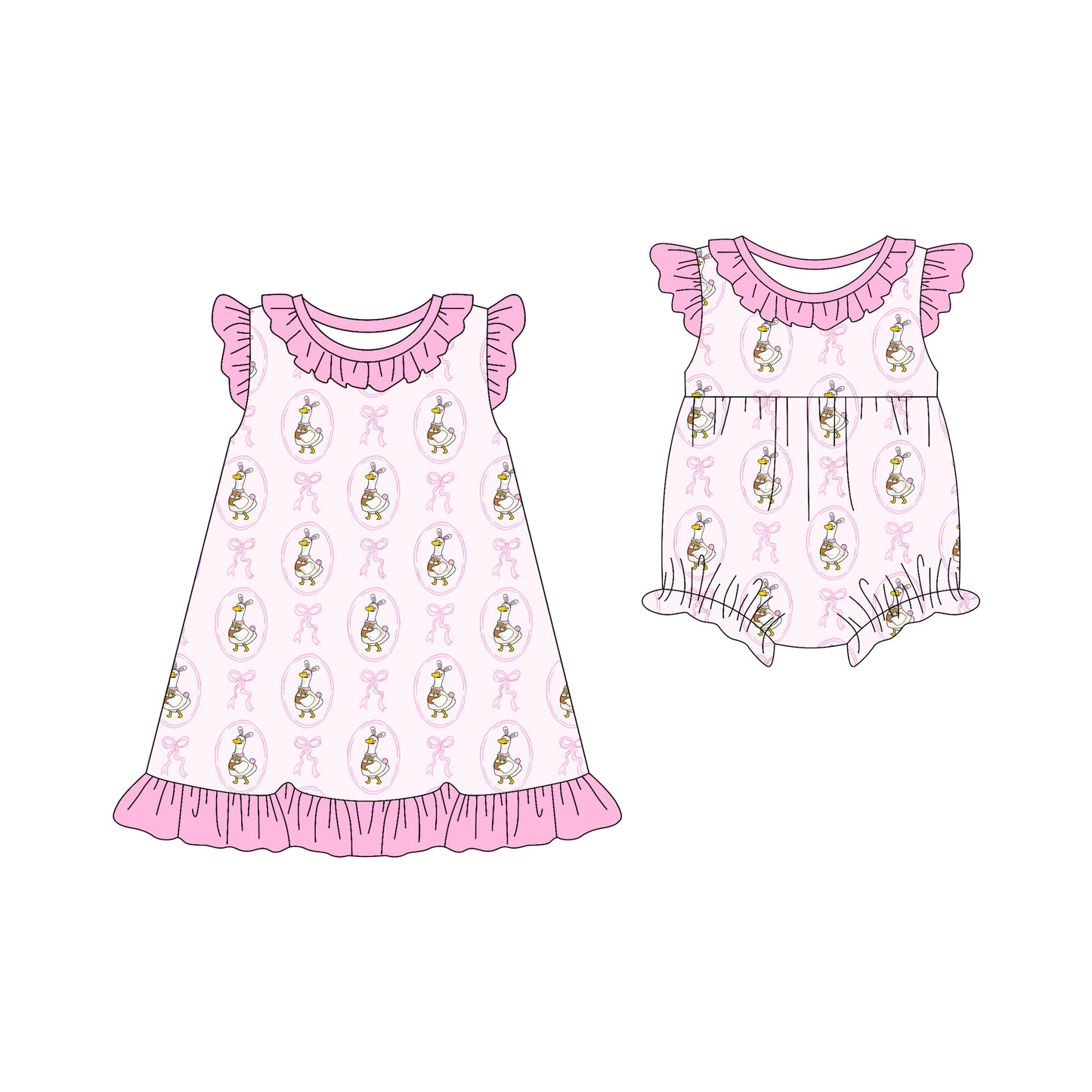 26.1.5 Custom MOQ:3 or 5 pcs each design milk silk Sibling baby girl clothes easter bow short sleeve dress and romper
