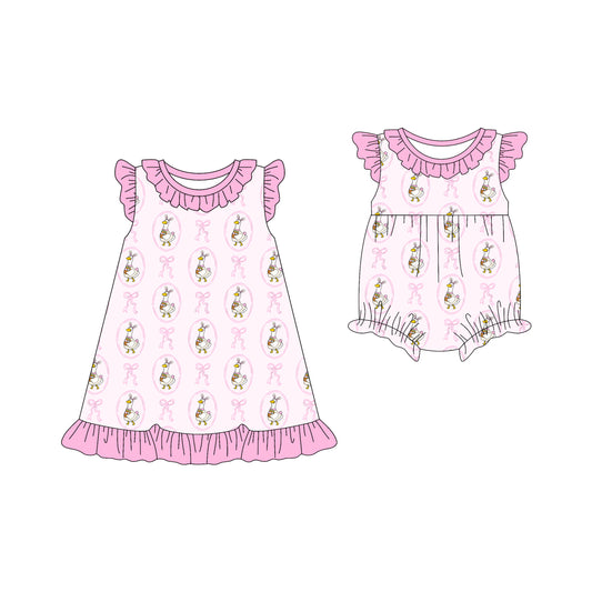 26.1.5 Custom MOQ:3 or 5 pcs each design milk silk Sibling baby girl clothes easter bow short sleeve dress and romper