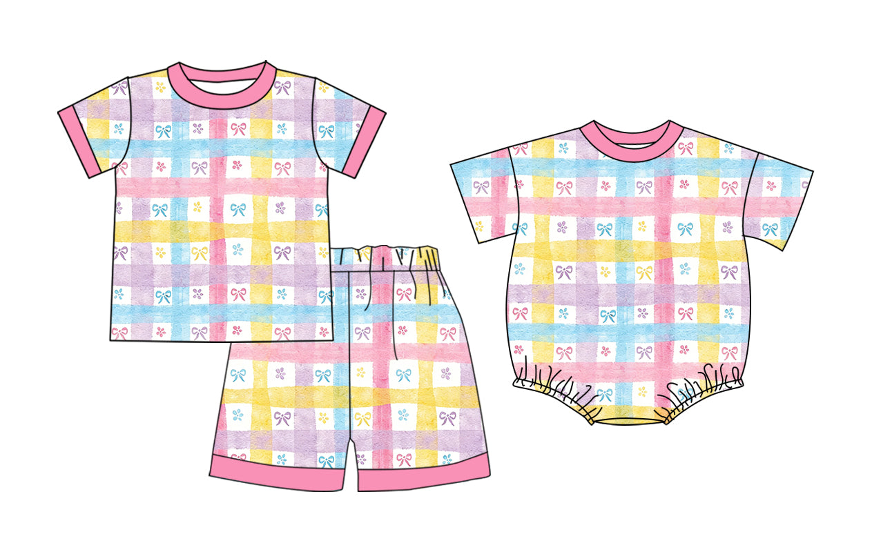 26.1.6 Custom MOQ:3 or 5 pcs each design milk silk Sibling baby girl clothes bow short sleeve shorts sets and romper